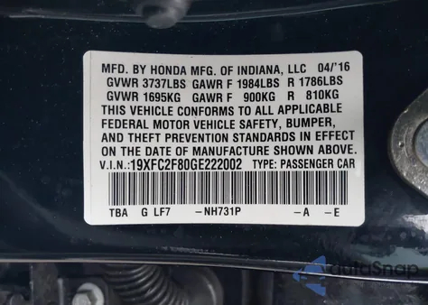 2016 Honda Civic Ex z USA, uszkodzony, nr VIN 19XFC2F80GE222002